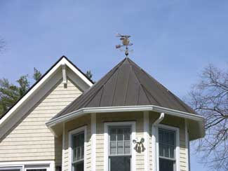 Flying frog weathervane on roof