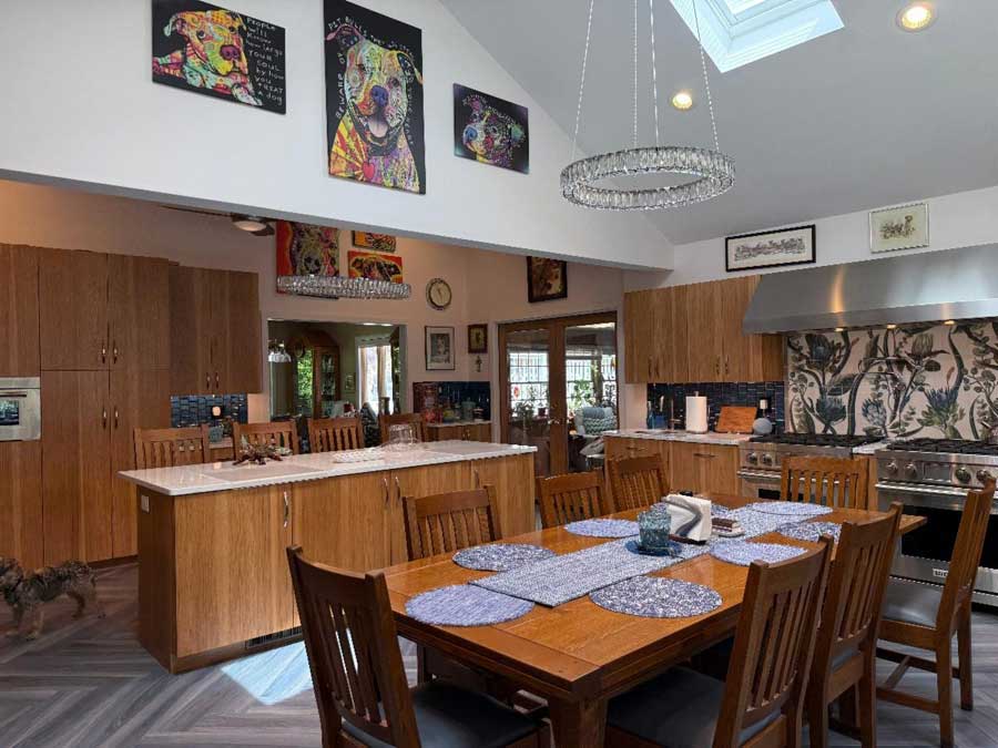 Blue herringbone tile and framed artwork